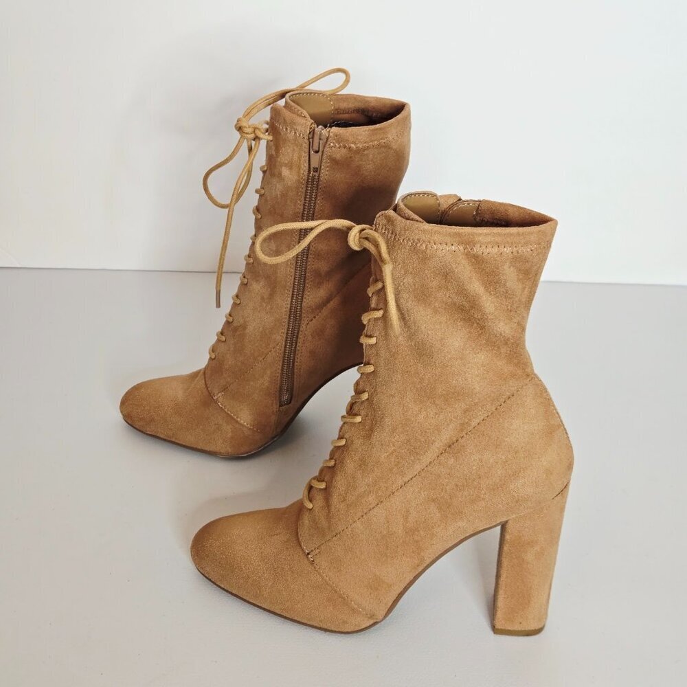 Steve Madden Elley Camel Tan Faux Suede Lace-Up Block Heel Zip Ankle Boot Sz 7 - Picture 2 of 9